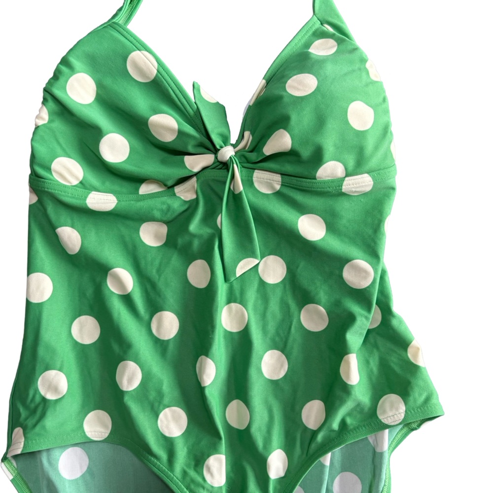 Boden One Piece Green White Polka Dot Swimsuit halter - Picture 3 of 7